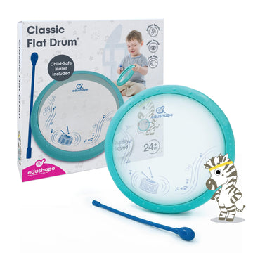 Edushape Classic Flat Drum For Baby With Easy-Grip Mallet - Set Of 1 Blue Color Baby Drum Toy For Toddlers, 2-Year Old And Up - Small Drums Musical Toy For Babies, Fun Tummy Time, Sensory Development