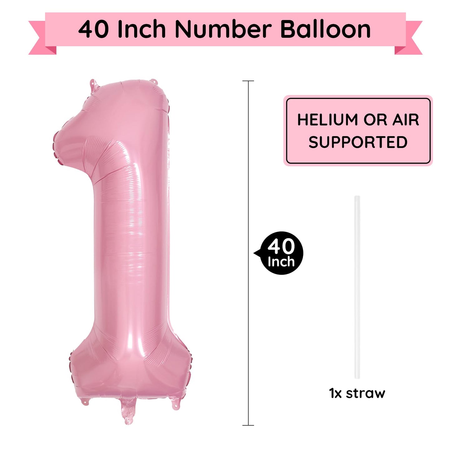 Paticool 40 Inch Pink Number Balloon 1, Large Number Foil Balloons Mylar For Girl Boy Birthday Party Celebration Decorations Sup