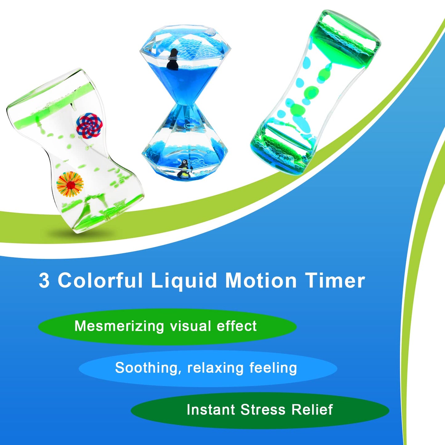 Coitak Liquid Motion Bubbler Timer For Sensory Play, Fidget Toy, Desk Top, 3 Pack, Assorted Colors (Style-2)
