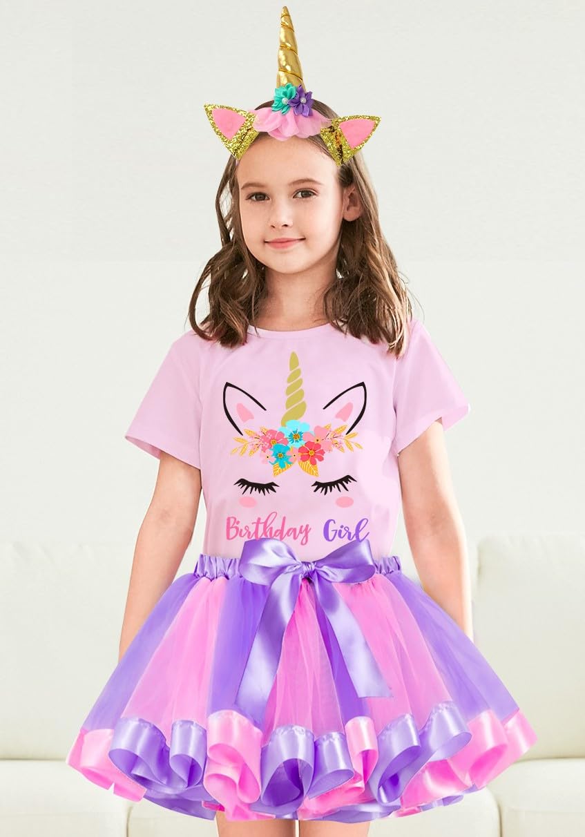 Doctor Unicorn Birthday Girls Unicorn Costume Outfit Rainbow Tutu, Unicorn T-shirt, Satin Sash, Hair Bow & Headband Purple Pink/