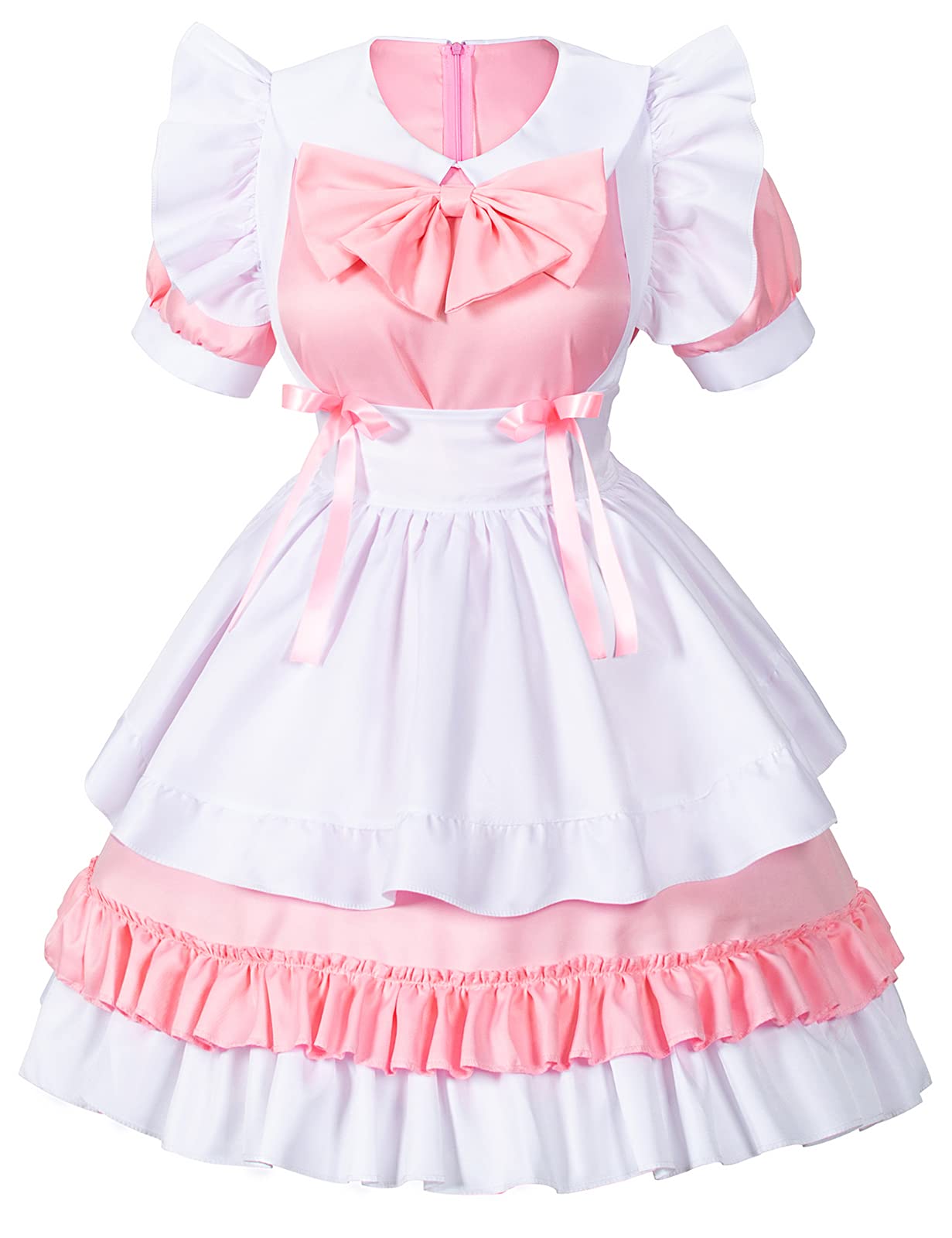 Girl Sweet Kawaii Costume Dress Anime French Maid Cosplay Furry Cat Ear Gloves Socks Set(Pink M)