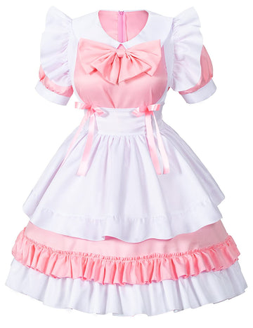 Girl Sweet Kawaii Costume Dress Anime French Maid Cosplay Furry Cat Ear Gloves Socks Set(Pink L)