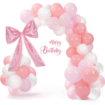 Gejoy Pink Bow Party Balloon Birthday Decorations, 60 Pack Balloon Garland Arch Kit with 27. 5 x 36 Inch Large Satin Bow for Coq