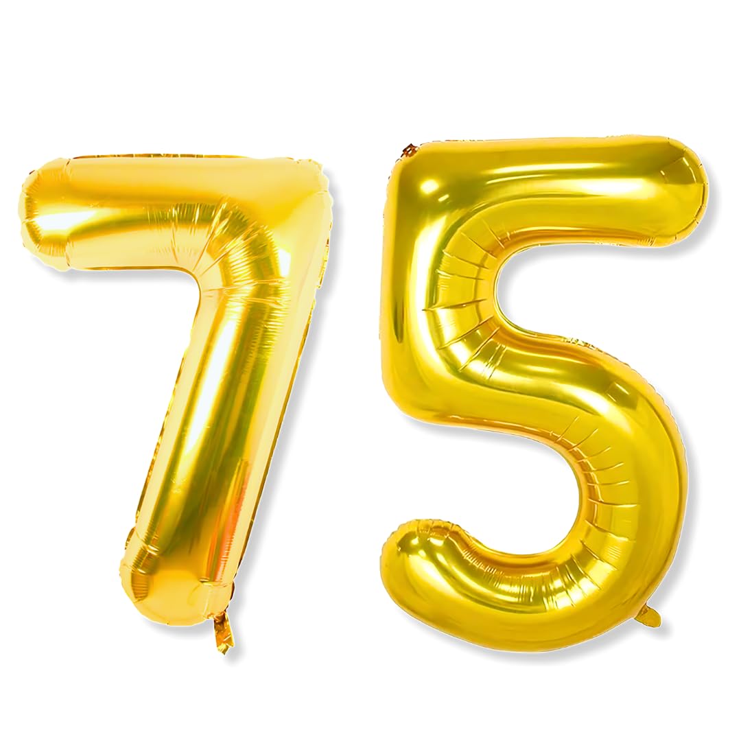 Flyloons 75 number Golden Foil Balloon 16 inch Size Birthday Decoration Items Pack of 2 | 75th Year Balloons | Seventy Five