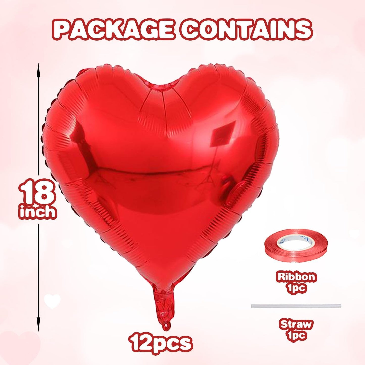 12 Pcs Heart Balloons, 18 inch Red Heart Shaped Balloons, Big Heart Mylar Helium Balloons, Heart Love Foil Balloons for Wedding