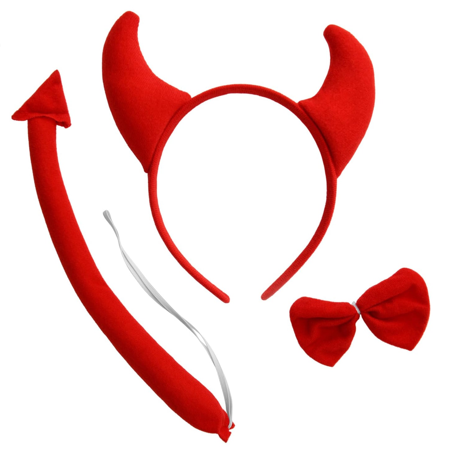 Dzrige Devil Costume Accessories Set - Red Horn Headband, Tail, Bowtie, 19 cm/7.5 inch, Cloth for Halloween, Masquerade, Cosplay