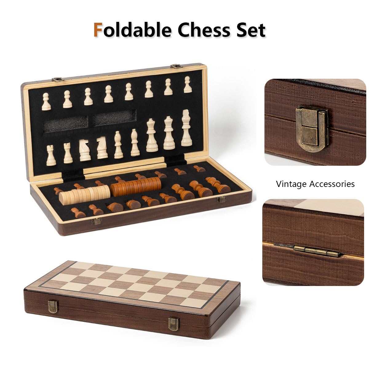 Chess Set 15'' Chess Board Wooden Magnetic Folding Chess Board Set For Adults & Kids Checkers Game For Kids Portable Travel Ches