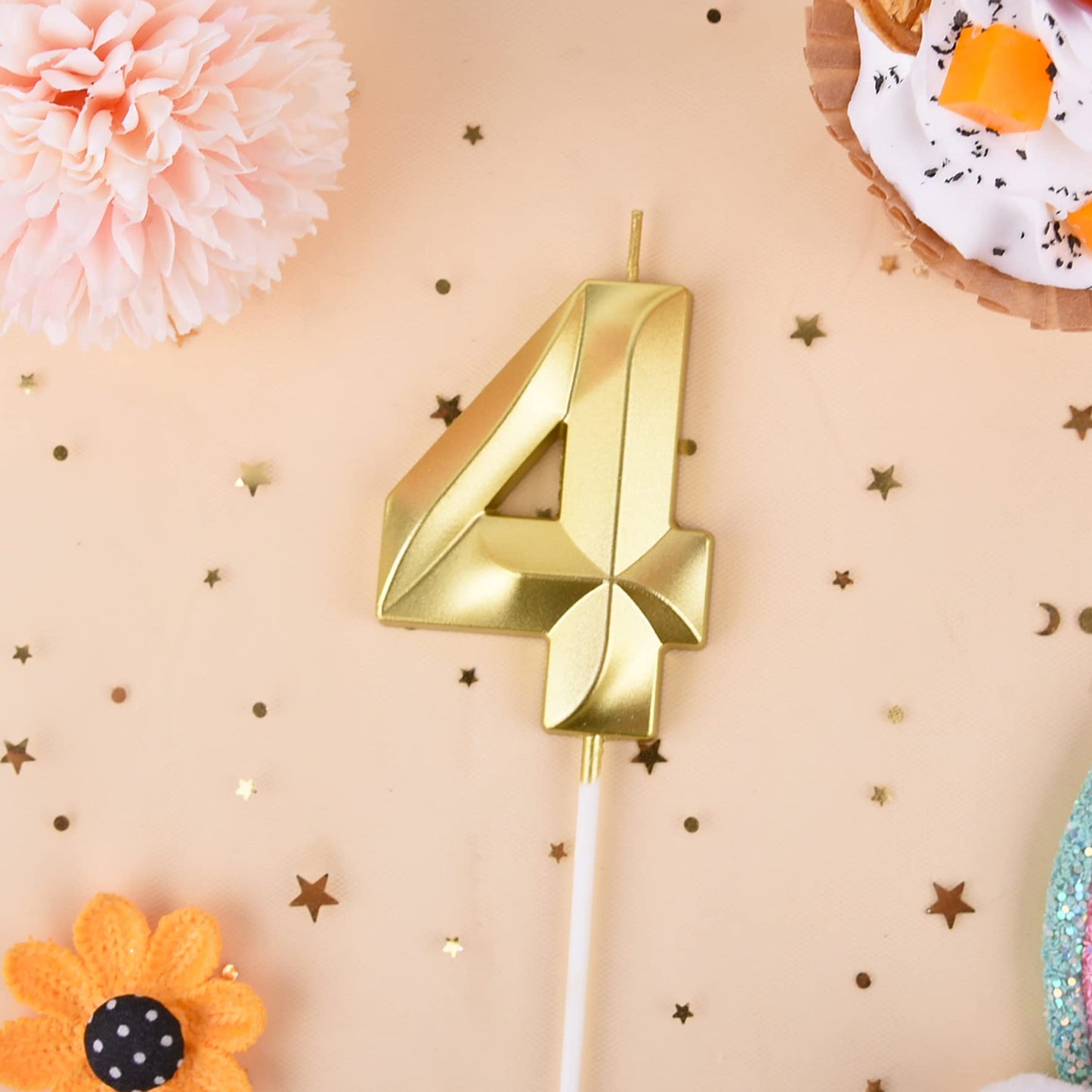 PHD CAKE 2.76 Inch Diamond Gold 4 Number Birthday Candles, Gold Number Candles, Cake Number Candles, Party Celebration