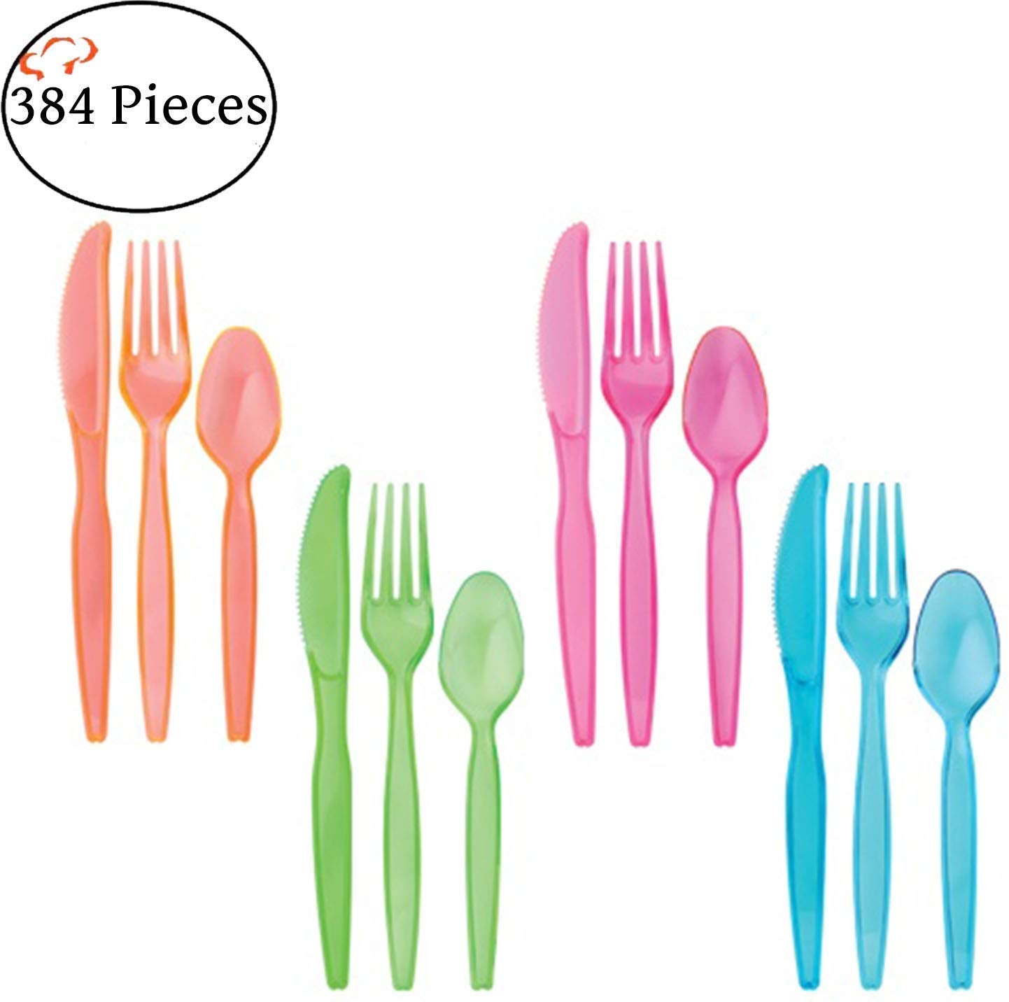 Tiger Chef Neon Glow In The Dark Party Supplies - Hard Plastic Cutlery In Pink, Blue, Green and Orange - 384 Pieces