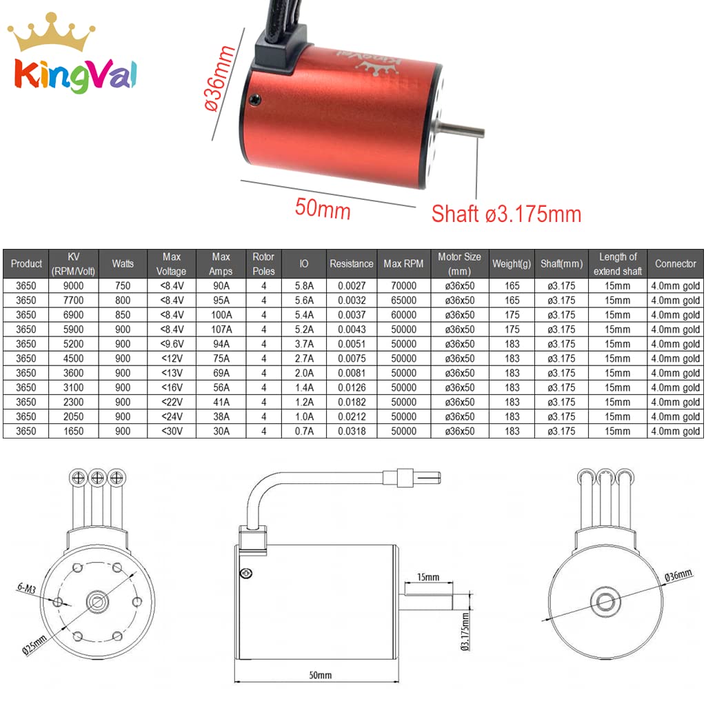 KingVal Replacement 3650 3600KV Waterproof Brushless Motor Shaft 3.175mm Compatible with 1/10 RC Car