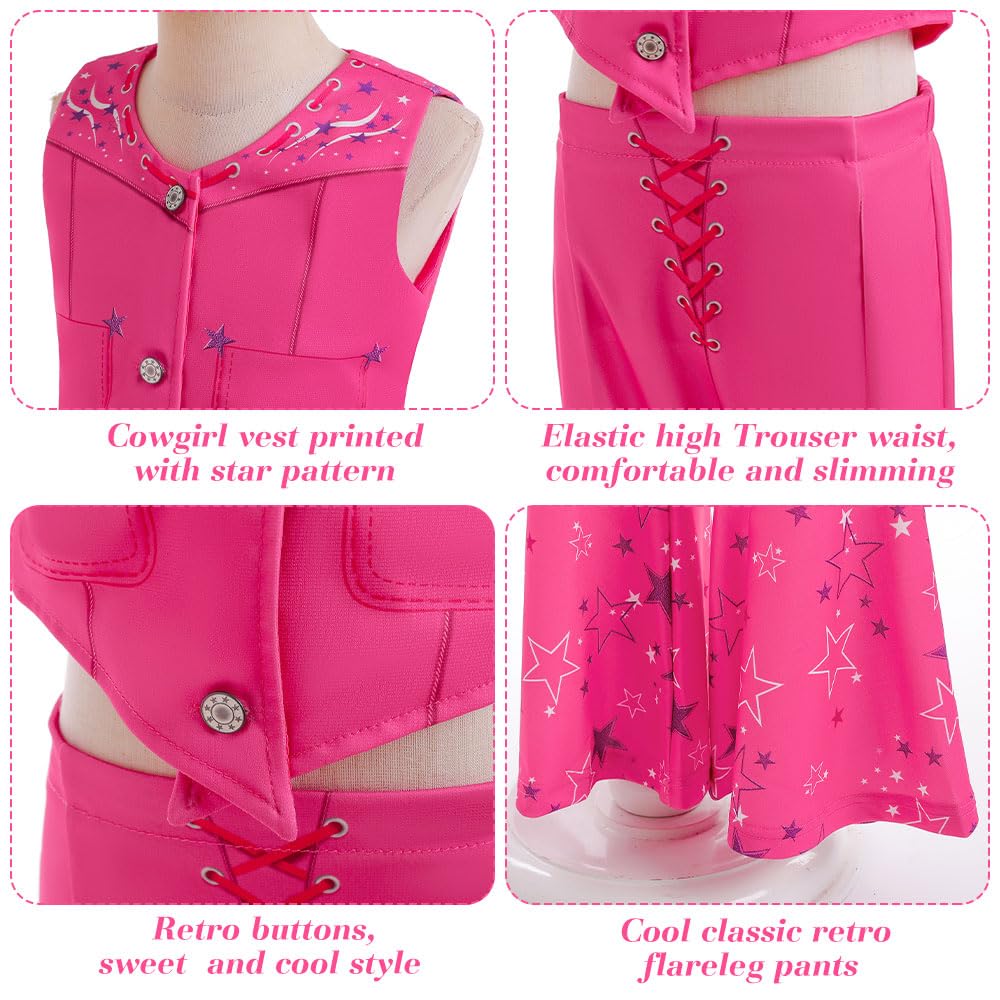 Btonai Girls Cowgirl Costume for Kids Pink Western Dress up 70s80s Disco Outfits Halloween Party 3-12Y