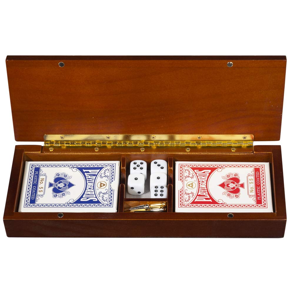 We Games 3 Player Wood Cribbage Set - Easy Grip Pegs And 2 Decks Of Cards Inside Of Board - Walnut Stained