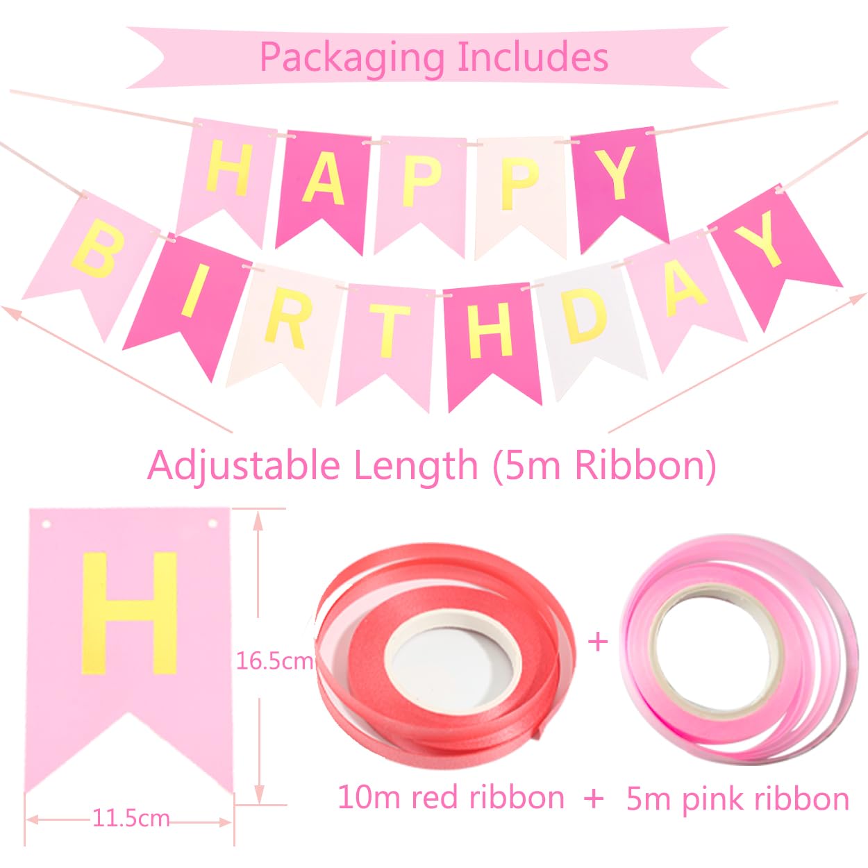 Pink Birthday Decorations, Happy Birthday Banner, Pink Birthday Balloons Decorations, 16 Pcs 12 Inch Happy Birthday Balloons Wit