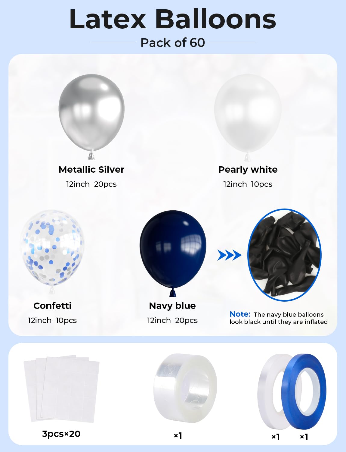 Haolongfa Navy Blue And Silver Balloons,12 Inch 60Pcs Navy Blue Balloons With Silver Confetti Balloons,Pearl White Latex Balloon