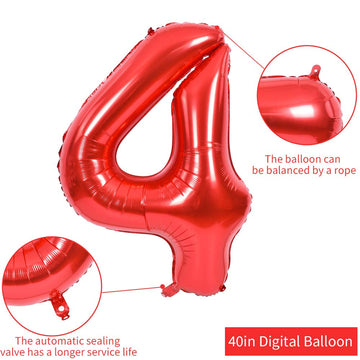 Toniful 40 Inch Red Large Numbers Balloons 0-9, Number 4 Digital 4 Helium Balloons, Foil Mylar Big Number Balloons For Birthday