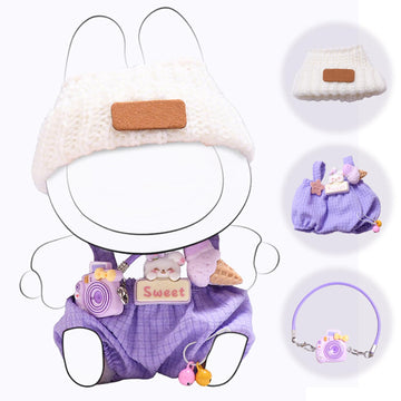 17cm Doll Clothes Set (no Doll) - enhanced Fashion Dresses with Accessories  3 Piece Set(Hat+Jumpsuit+Small Camera)  Cute Clothes for Dress up Unique Style (Purple)