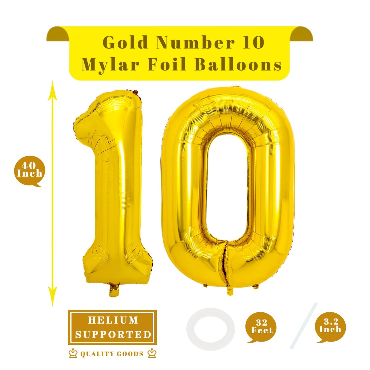 Pigetale 40 Inch 10 Number Balloons Gold Big Giant Jumbo Number 10 Balloons, Foil Mylar Helium Digital Balloons For Toddler Girl