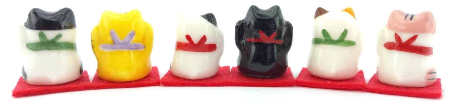 Yakushigama Mini Maneki Neko Set - 6 Antique Black Porcelain Cat Figurines