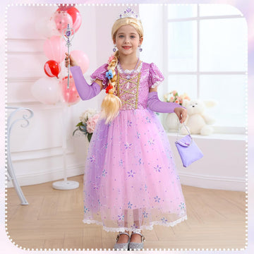 Luzlen Little Girls Princess Costume Rapunzel Dress For Kids Carnival Halloween Party Christmas Fancy Purple Dress, 5-6 Years(La