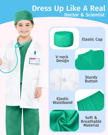 Gleamkid Doctor Costume For Kids, Kids Scrubs With Lab Coat, 9Pcs Toddler Halloween Costume, Career Day Costume For Boy Girls