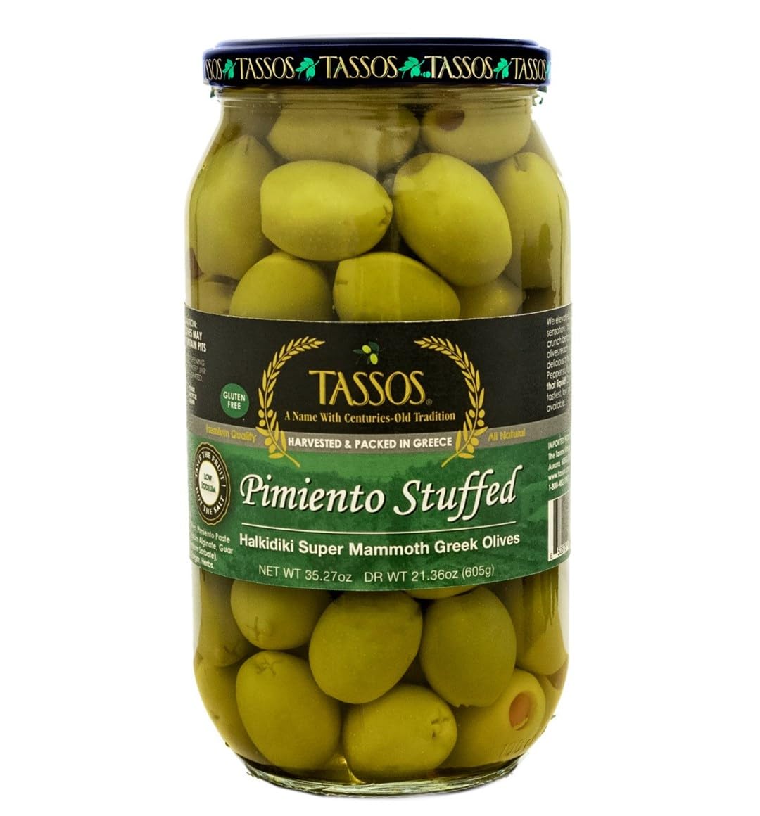 Tassos Pimiento Stuffed Mammoth Olives, 35.27 Oz - Gourmet Snack, Perfect for Parties and Entertaining