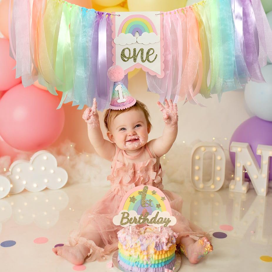 Macaron First Birthday Party Decorations Pastel Rainbow High Chair Banner Crown Cake Topper For Girl 1St Birthday Decor