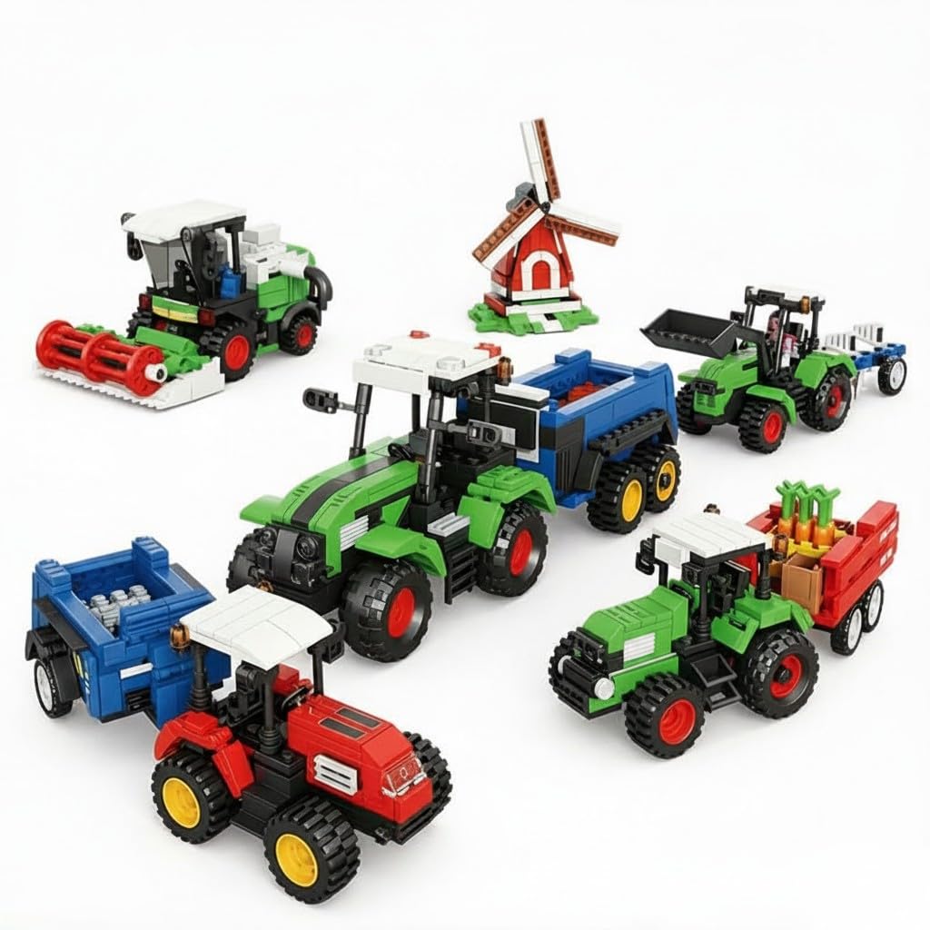 Sky Line Ocean 4In1 Tractor Building Block Set, 1010+ Pcs Farm Vehicle Construction Kit With Tractor, Harvester & Attachments,
