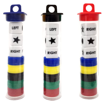 Ahoper Left Right Center Dice Game Prime Set Bundle With 3 Dices + 30 Chips - 3 Sets Assorted Colors Round Tube Storage Is Very Convenient For Travel. Easy To Store, Carry Around.(3 Pack)
