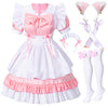 Girl Sweet Kawaii Costume Dress Anime French Maid Cosplay Furry Cat Ear Gloves Socks Set(Pink M)