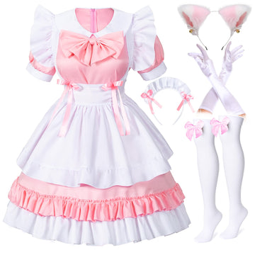 Girl Sweet Kawaii Costume Dress Anime French Maid Cosplay Furry Cat Ear Gloves Socks Set(Pink L)