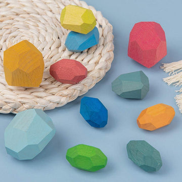 Rubrab Wooden Rocks Stones Tumi Ishi Wood Balancing Stacked Stone Baby Building Block Montessori Toys Block Colored Stone Toys Educational Creative Toy Stacking Game Artware (16Pcs Deep Colors)