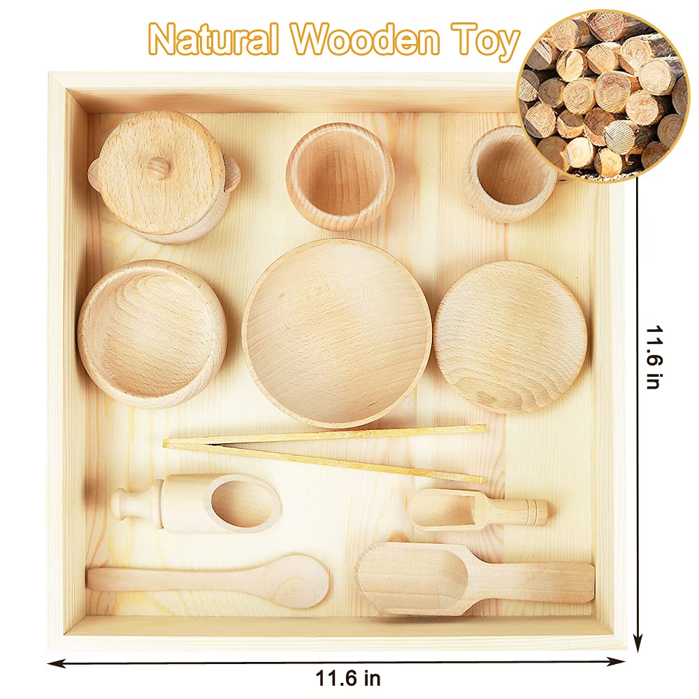 12 Pcs Wooden Sensory Bin Tools, 1 Wooden Box + 11 Sensory Tools For Toddlers & Preschool Children, Montessori Sensory Wooden Toys Fine Motor Learning Pretend Play For Kids