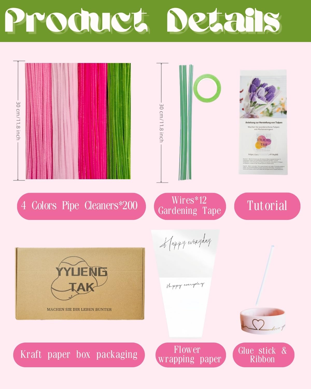 YYUENG TAK Pink Pipe Cleaner Flowers Craft Kit, 200 pcs, Chenille Stem, DIY Tulip Bouquet, 4 Colors, Olive Green, Model YYDP0002