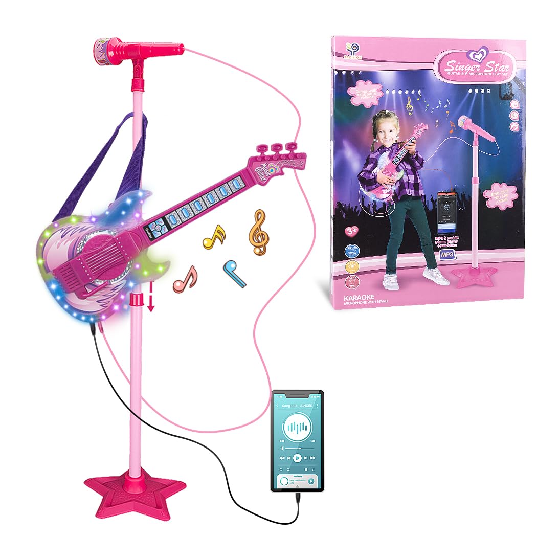 Takihon Guitar And Microphone Set For Kids,Guitar Toys With Music&Colorful Light,Adjustable Height Microphone With Stand,Karaoke