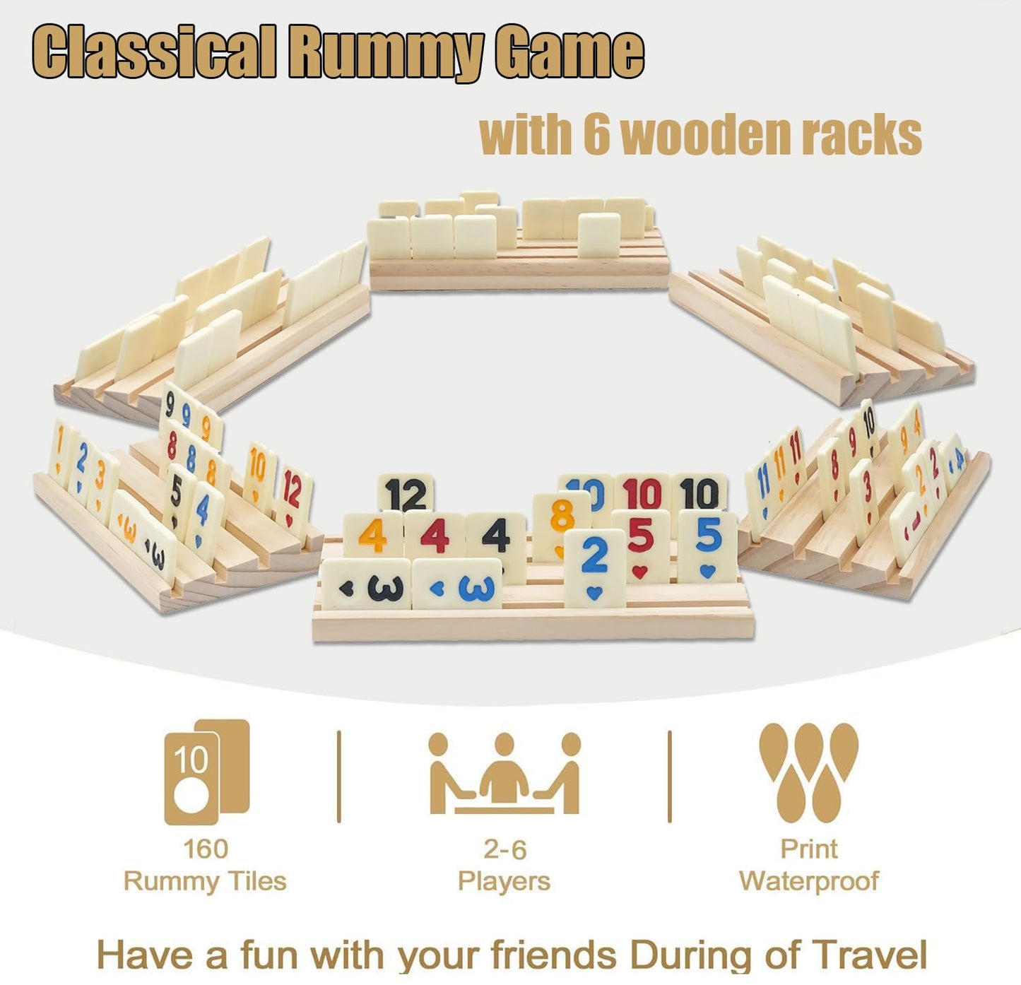 Rummy Cube Game With Case 6 Players, Large Number Rummy Cube For 6 Player With 6 Wooden Racks/Trays, 160 Tiles Travel Size Rummy