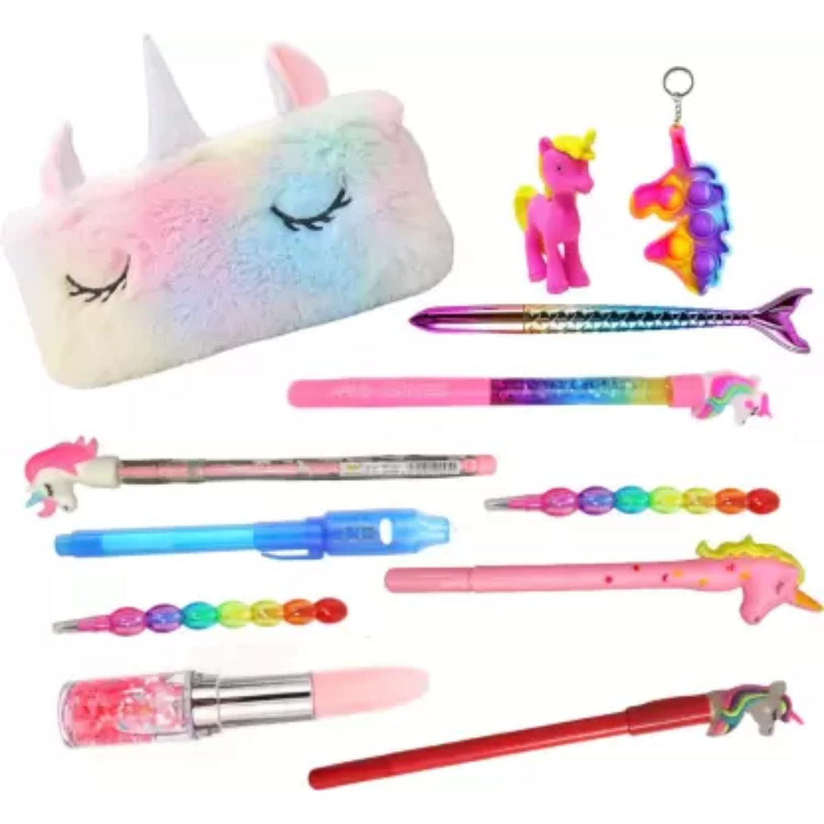 Urban Festivities Fur Unicorn School Stationery Set  Pouch, Pens, Pencils, Key Chain  Multicolor (Pack Of 12)