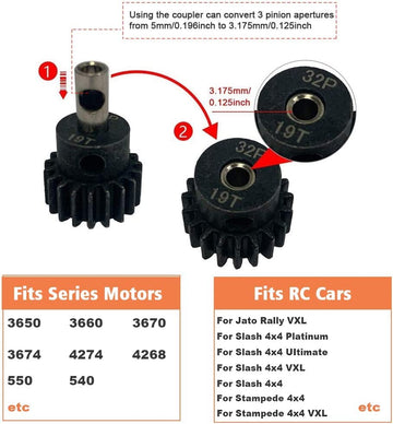 GLOBACT RC Metal Steel Spur Gear 54T 32P with Pinions 15T/17T/19T for Traxxas Slash 4x4, Rally, Stampede