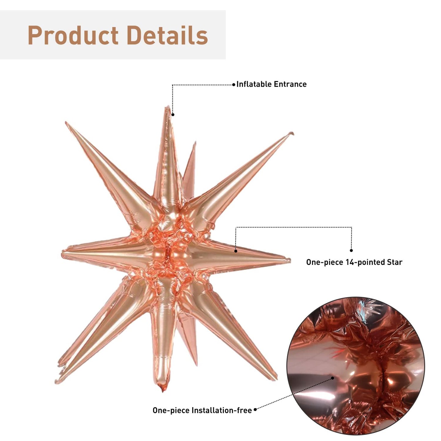 6 Pcs Rose Gold Star Foil Balloons One-Piece 14-Pointed Star Balloons 4D Starburst Cone Mylar Balloons 22Inch Christmas Birthday