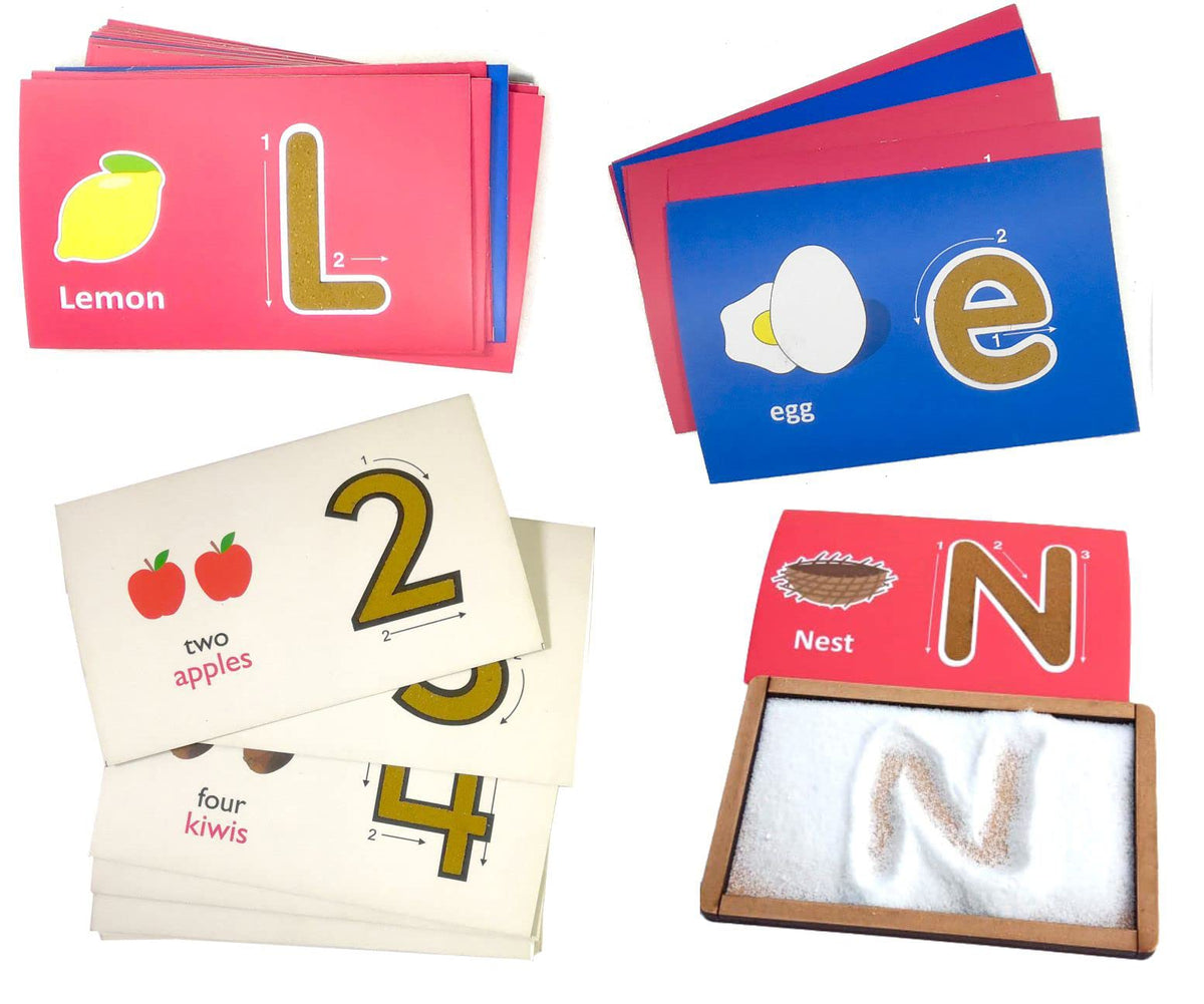 MFM TOYS Montessori Sandpaper Letters Tactile English Flashcards Combo (English Uppercase + Lowercase + Numerals + Sand Tray) | 