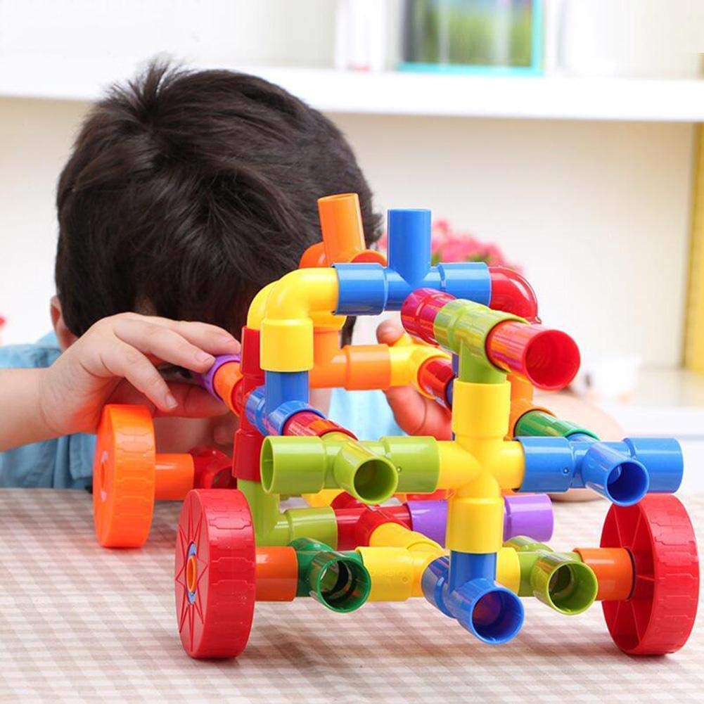 AEXONIZ TOYS Pipe Puzzle for Kids  75Pcs NonToxic Plastic Water Pipe Shaped Creative Tube Locks Construction Set Toy with Whee