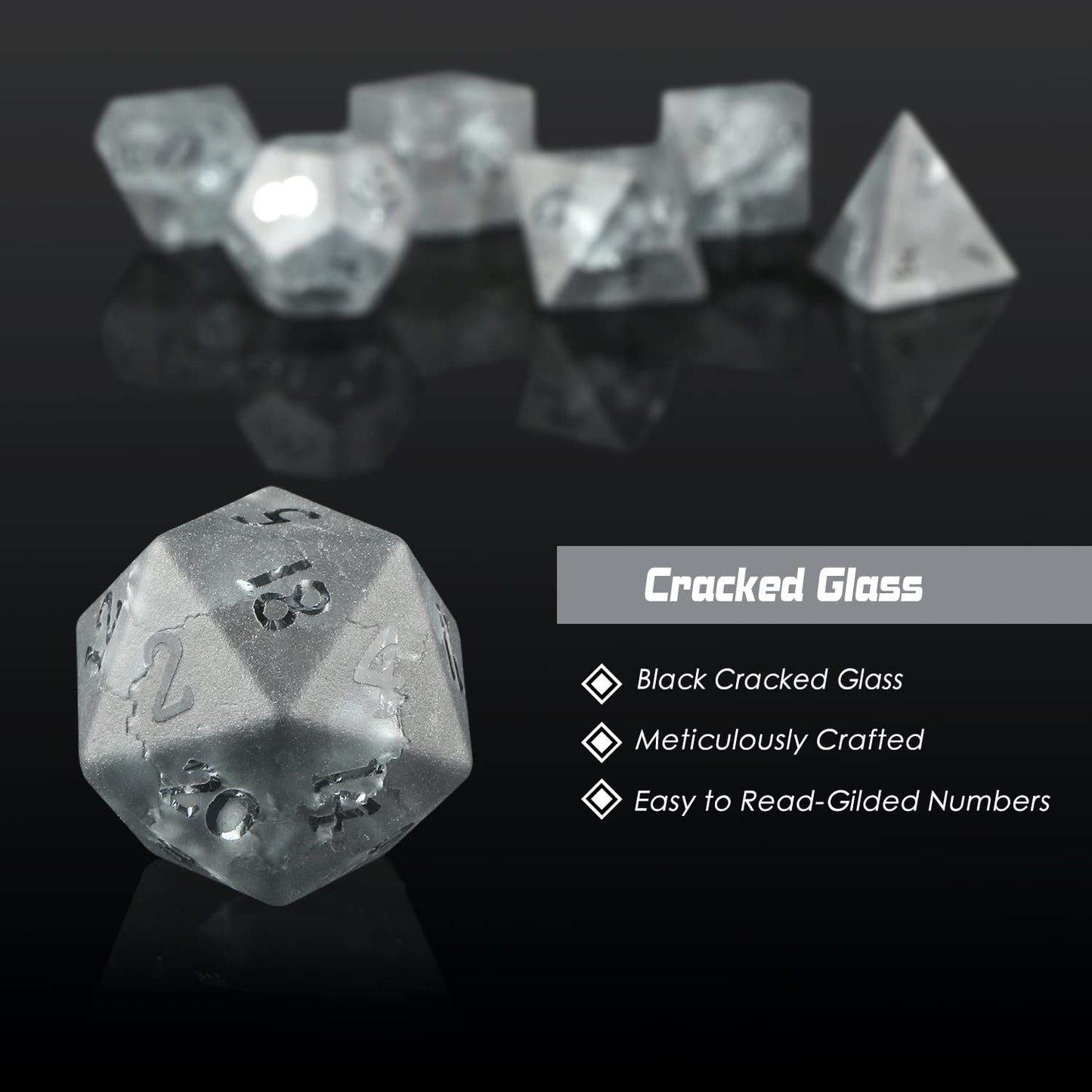 Cracked Glass DND Dice 7 Piece Black Zircon Dice with Great Gift Case for DND Dungeons and Dragon Tabletop Game (Black Glass wit