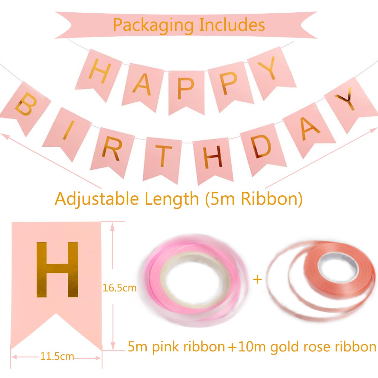 Happy Birthday Banner, Rose Gold Birthday Decoration, 16 Pcs 12 Inch Happy Birthday Balloons With 2 Ribbons For Girl And Women B