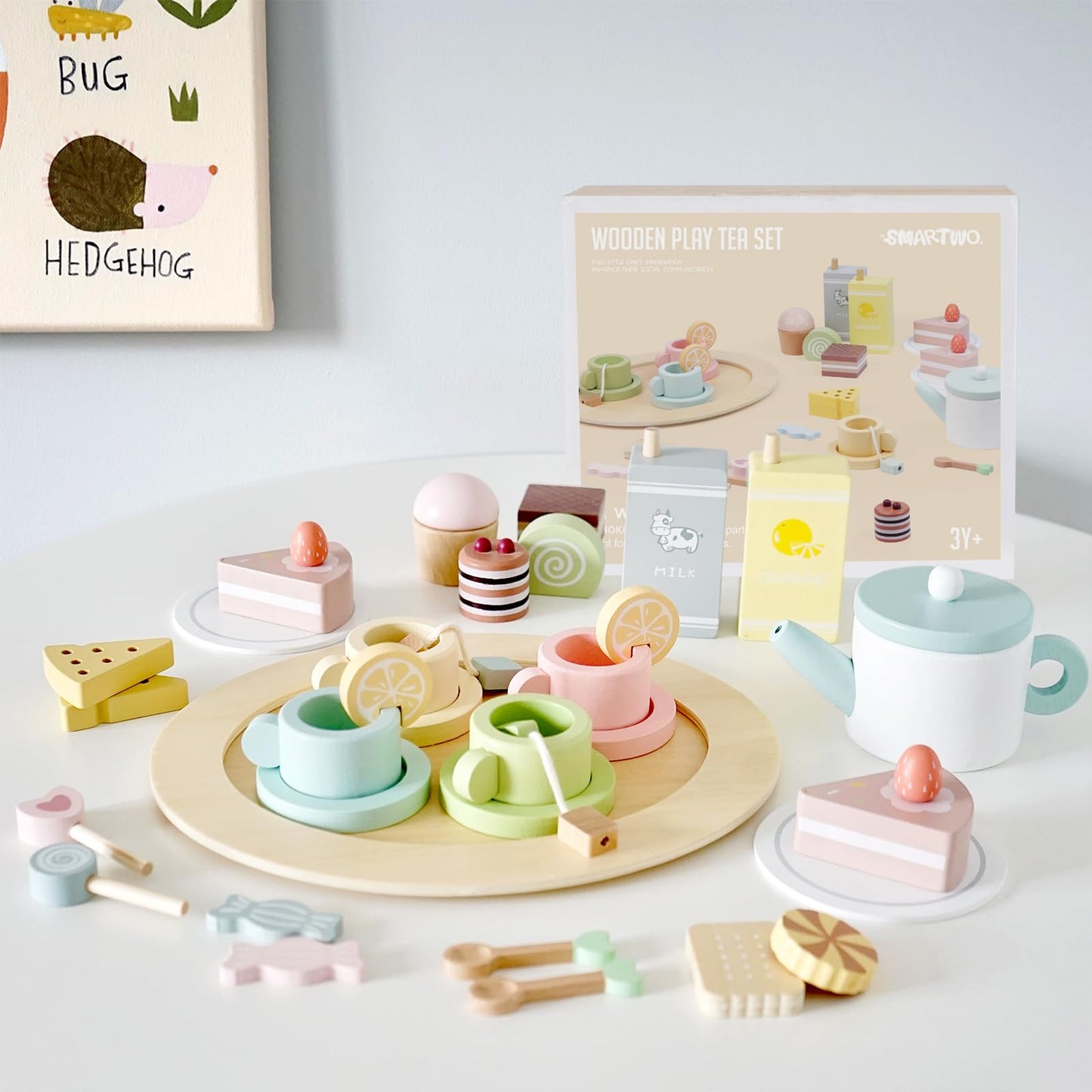 Smartwo Wooden Tea Party Set for Little Girls, 30 PCS Wooden Tea Set for Toddlers 3-5, Pretend Play Kids Wood Tea Set Toy, Play