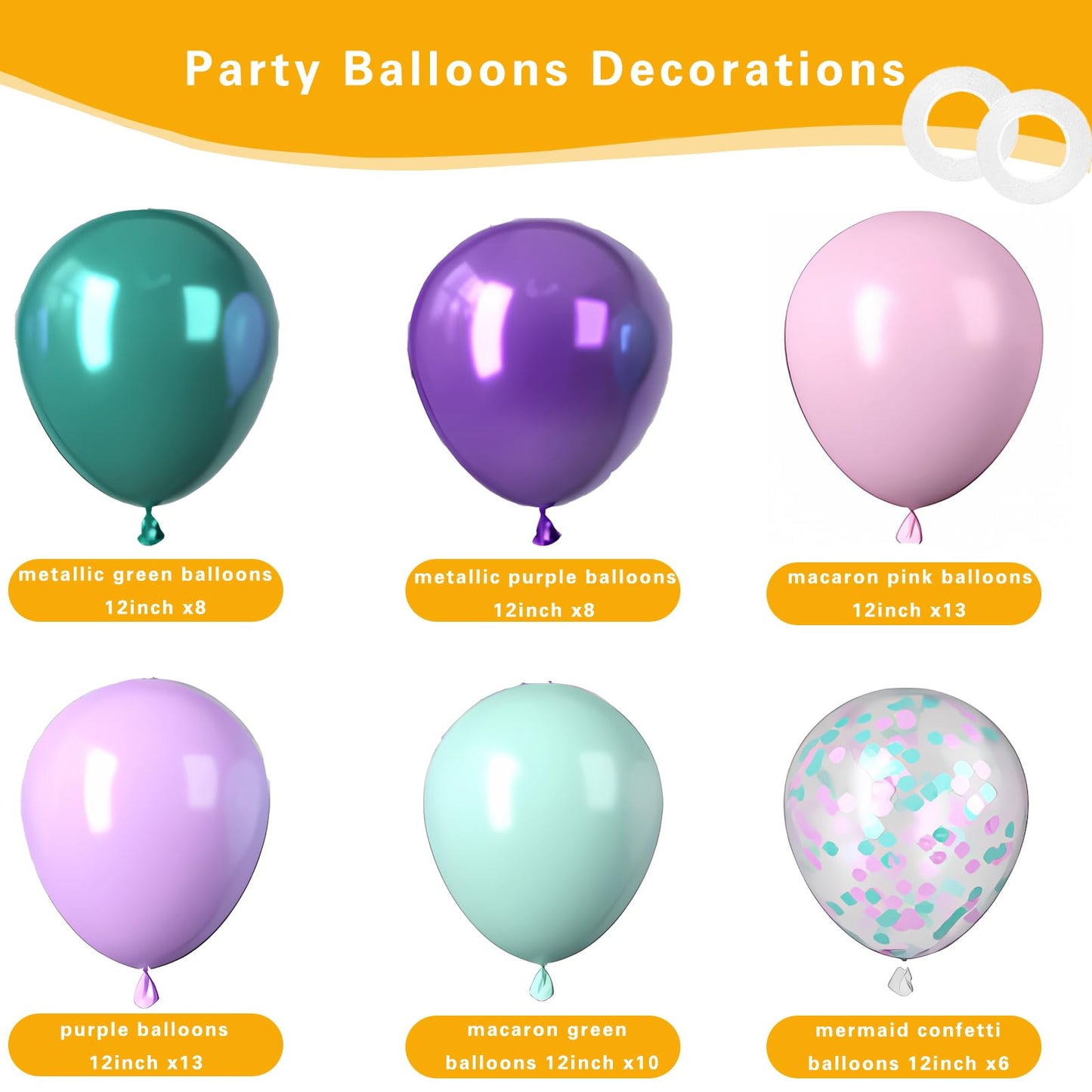 Xihaoyoo Mermaid Balloons Set, 60Pcs 12 Inches Purple Green Pink Latex Balloons With Metallic Confetti, For Girls Under The Sea