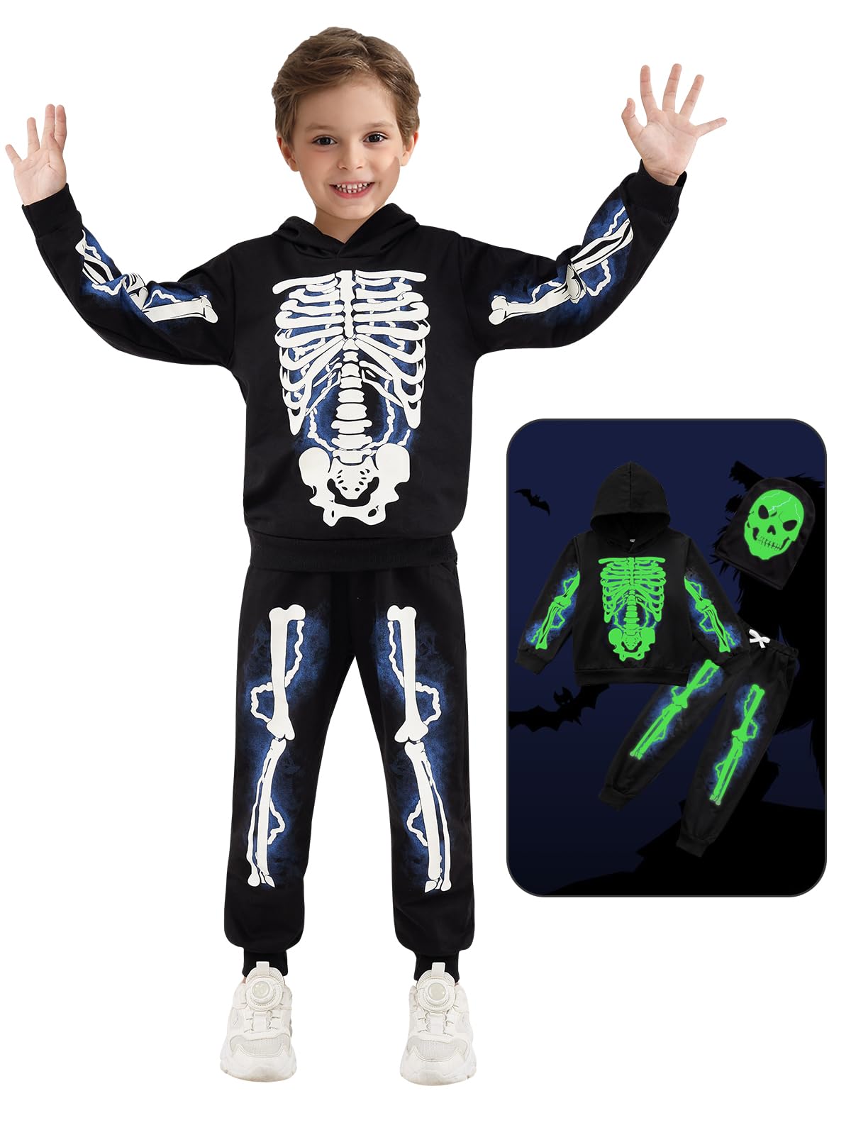 Urmagic Glow In The Dark Hoodies Set For Toddler Boys Girls Halloween Skeleton Costumes Pumpkin Sweatshirt Tracksuit Pants