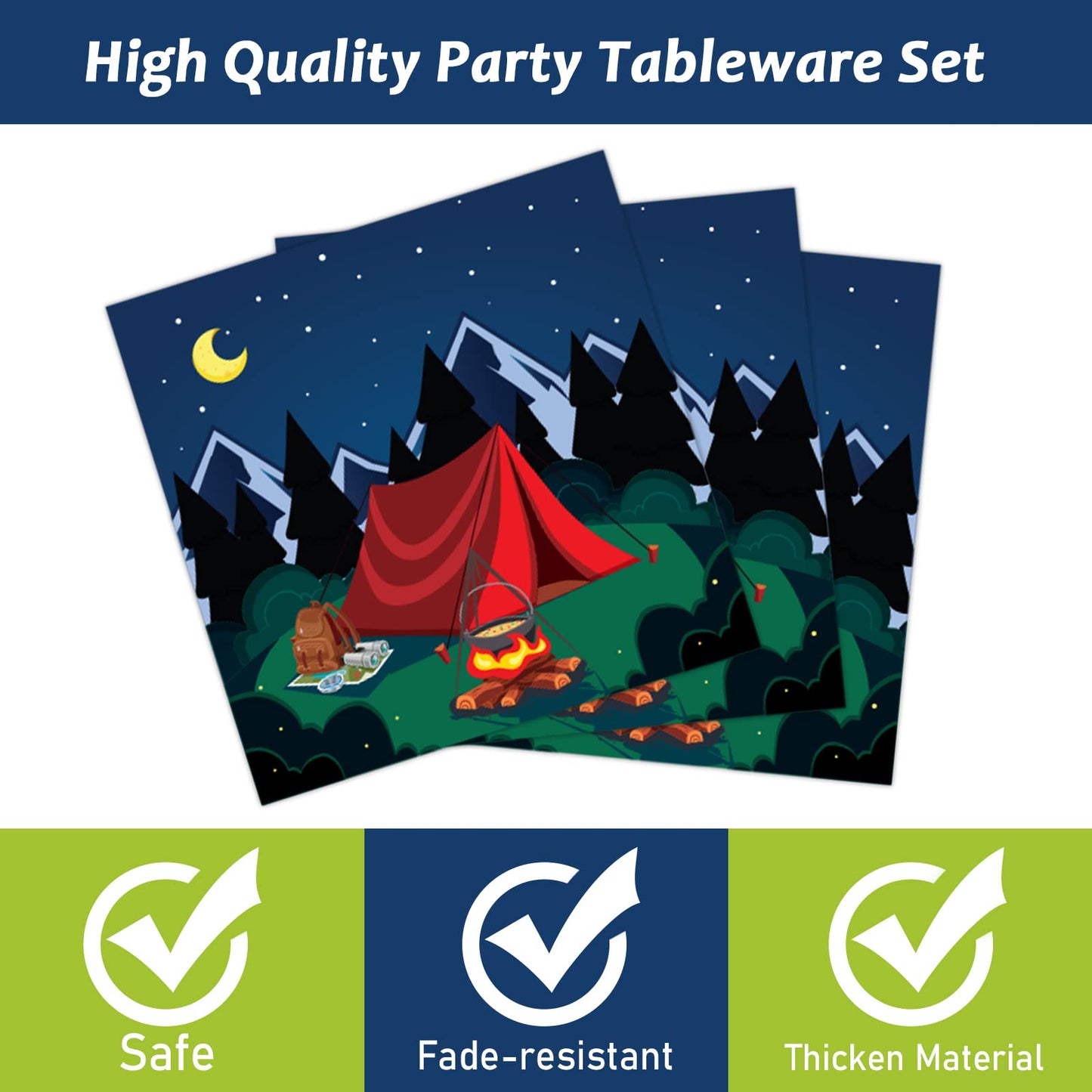 96 Pcs Camping Party Supplies Paper Plates Napkins Happy Camper Birthday Decorations Camping Adventure Party Tableware Set For B