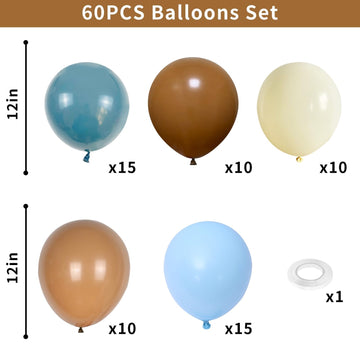 Blue Brown Balloons Set, 60 Pcs Slate Blue Macaron Blue Cream Beige Party Balloons And Retro Brown Coffee Latex Helium Balloons,