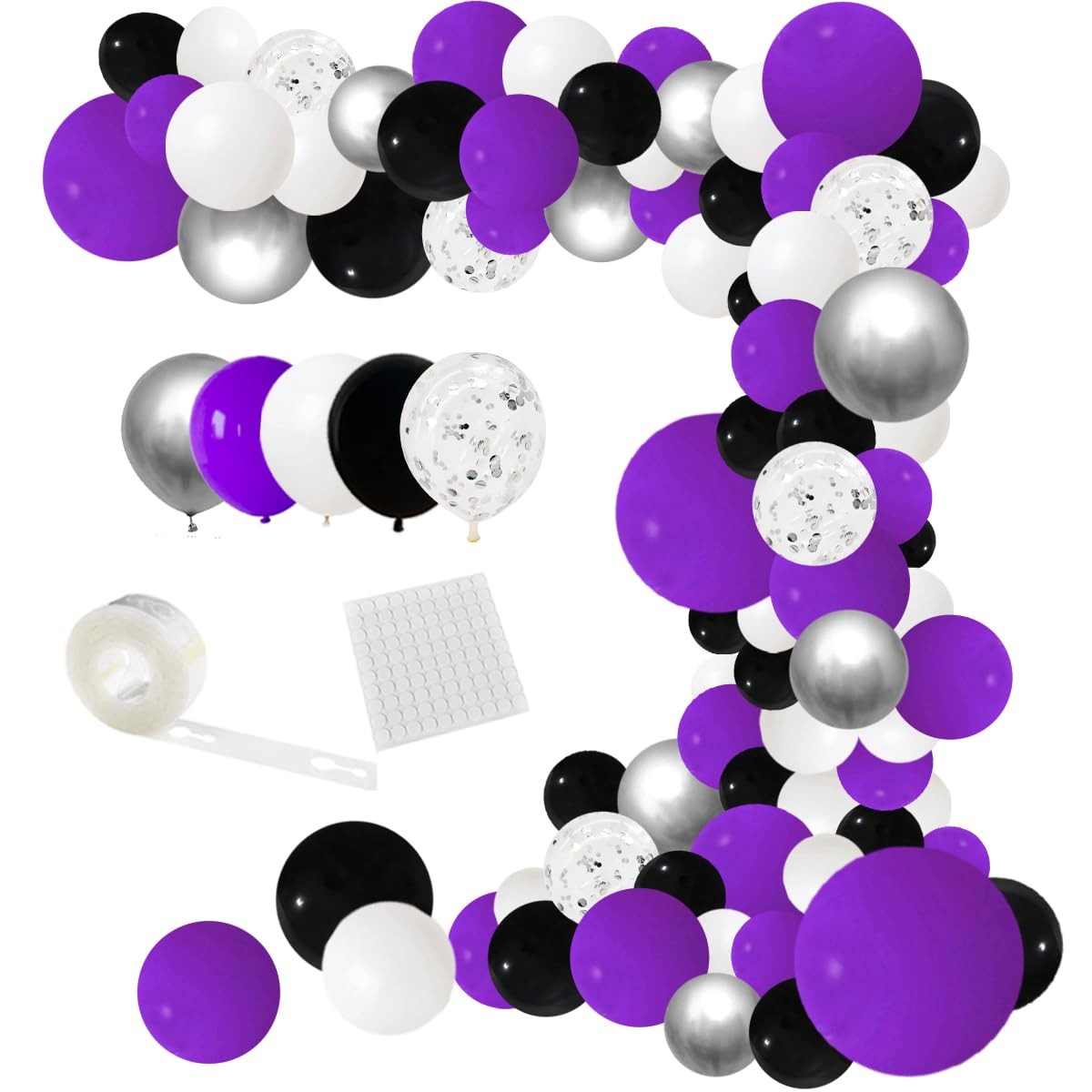 Purple Black Balloon Arch Garland Kit, 127 Purple Black White Balloons Metallic Silver Confetti Balloons For Birthday Wedding Gr
