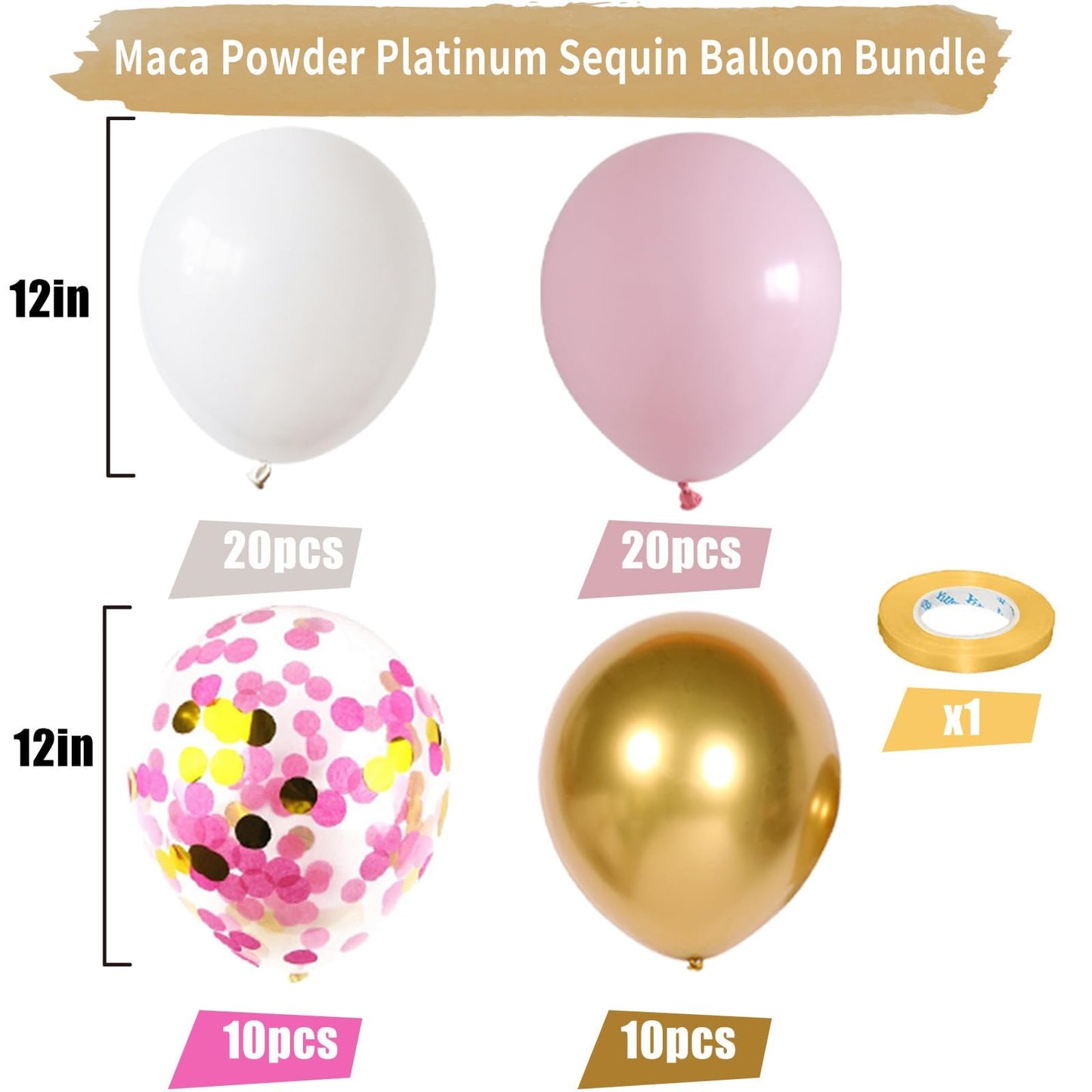 Pink And Gold Balloons, 60 Psc Light Pink And White Balloons With Pink Gold Confetti Metallic Gold Balloons, 12 Inch Pastel Baby