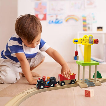 Wooden Train Track Accessories Wooden Crane Toy Set With Train Cars For 3 4 5 Year Old Boys Kids Other Major Wooden Rail Brands Are Compatible (Multi-Function Crane)